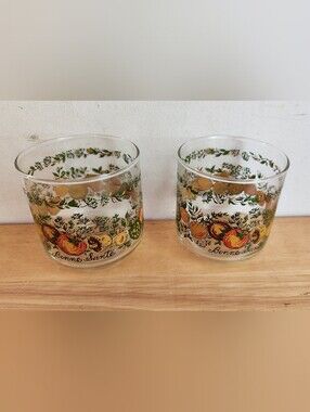 Vintage Libbey Pair Bonne Santé Fruit Glasses Spice Of LifeClear Floral Tumbler